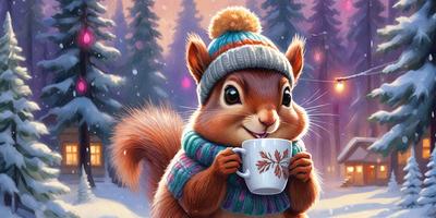 The primary subject of the image is a cute, smiling squirrel holding a cup of coffee. The setting is a snowy environment, with trees in the background. The visual style is a digital art illustration, featuring a whimsical and warm atmosphere. The colors are predominantly white, brown, and orange, creating a cozy and inviting scene.